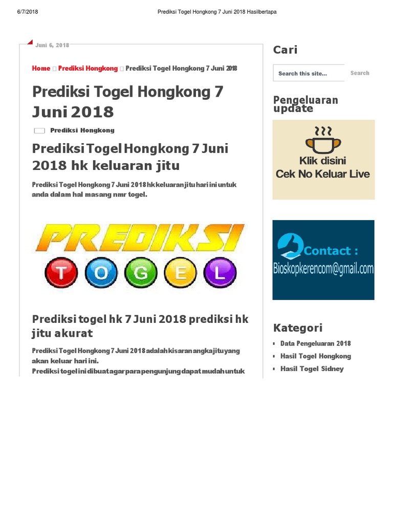 Prediksi Togel Hongkong 7 Juni 2018 Hasilbertapa
