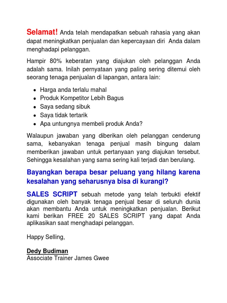 FREE 20 Sales Script To Handle Your Customer PDF | PDF