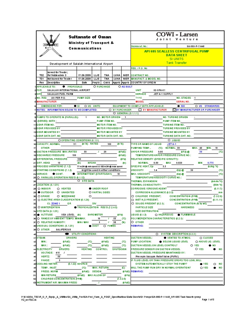 API 685 Tank Transfer Pump Data Sheet | PDF | Pipe (Fluid Conveyance ...