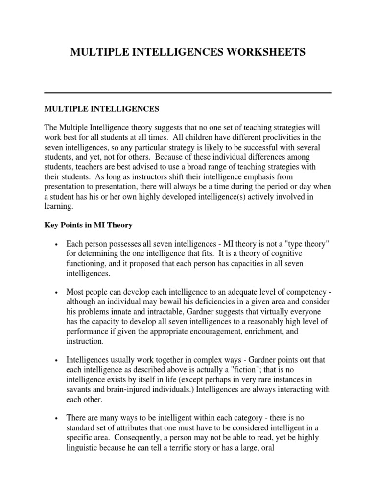 Multiple Intelligences Worksheets Guide | PDF | Intelligence | Singing