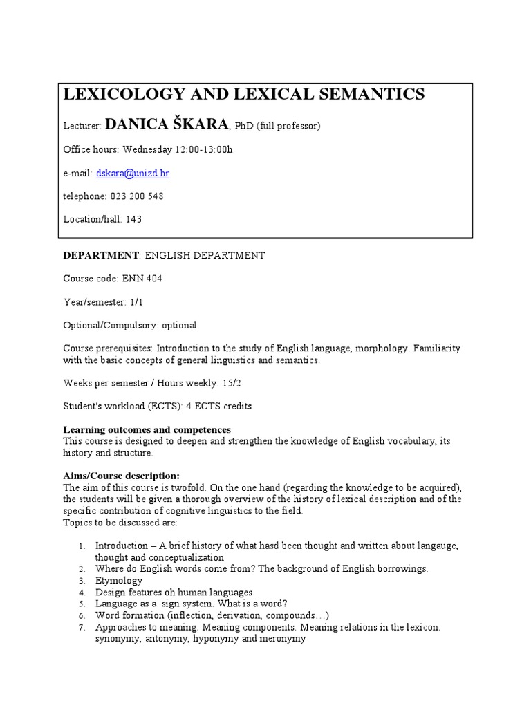 Lexicology and Lexical Semantics Course | PDF | Lexical Semantics ...