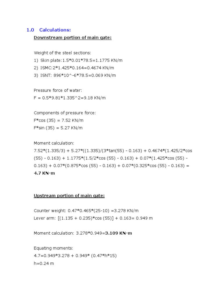 1.0 Calculations:: Downstream Portion of Main Gate | PDF