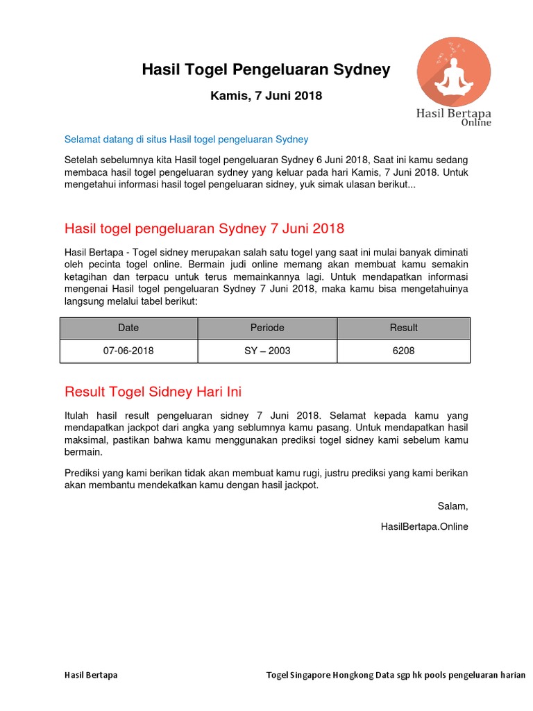 Result Hasil Togel Pengeluaran Sydney 7 Juni 2018 - Hasil Bertapa | Pdf