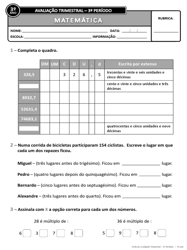 Avaliação Trimestral Matemática 3º Ano | PDF | Unidades de medida ...