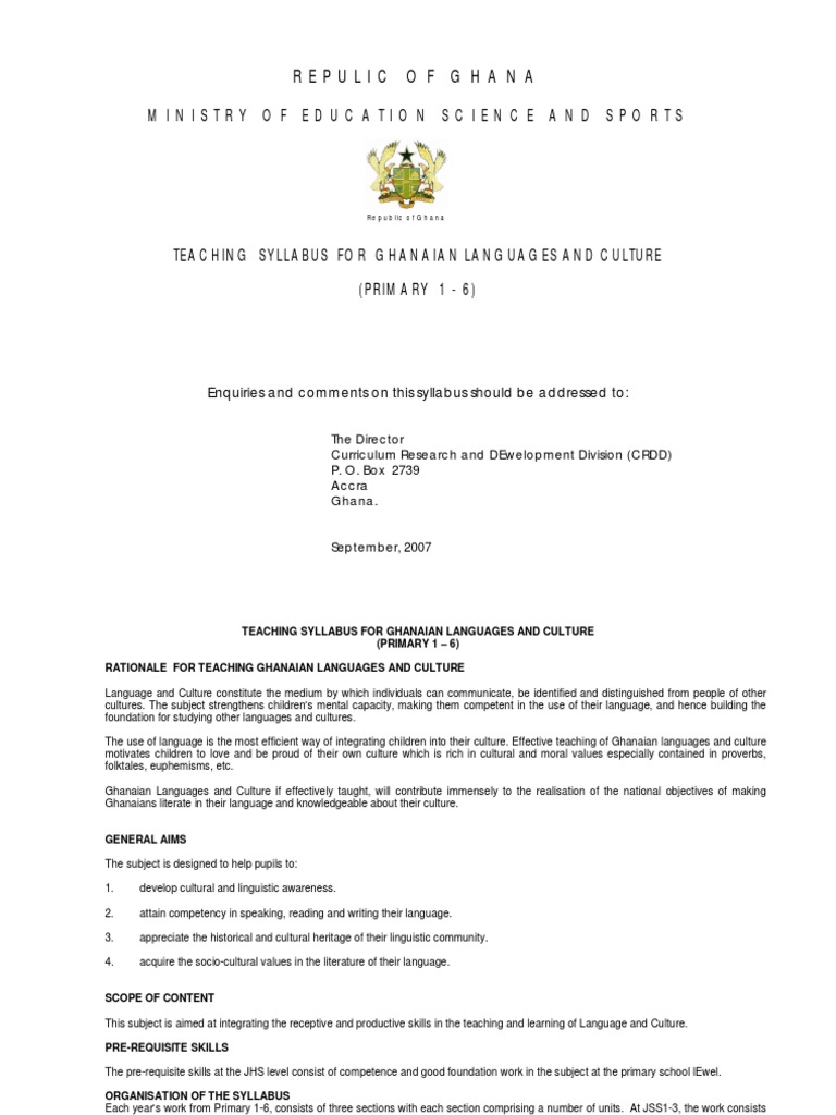 Teaching Syllabus For Ghanaian Languages and Culture - P 1 To 6 ...
