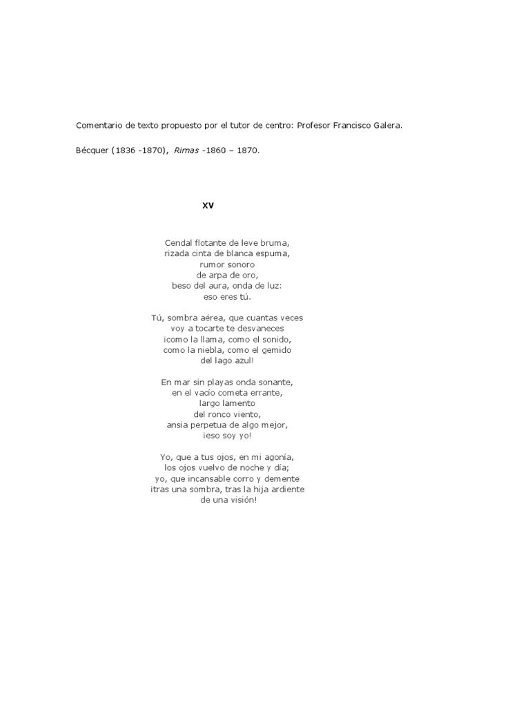 Análisis de la Rima XV de Bécquer | PDF | Poesía | Amor