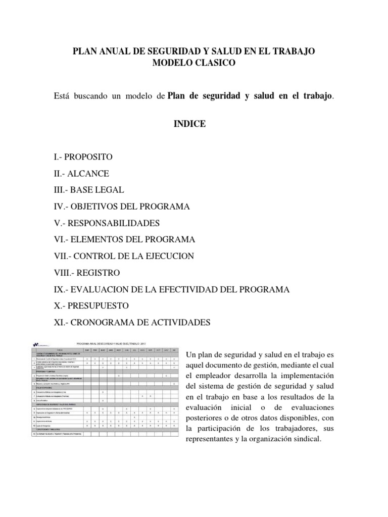 Plan Anual de Seguridad y Salud en El Trabajo Modelo Clasico | PDF |  Planificación | Presupuesto