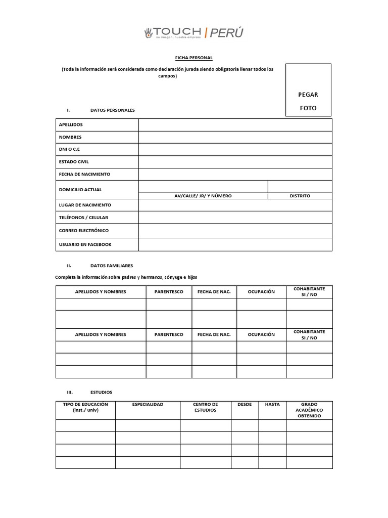 Ficha Personal de Ingreso | PDF | Parentesco | Business