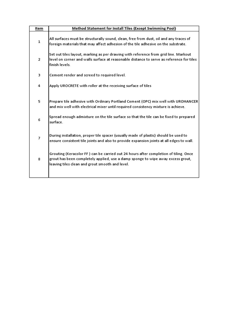 Method Statement Tiles Except Pool Pdf