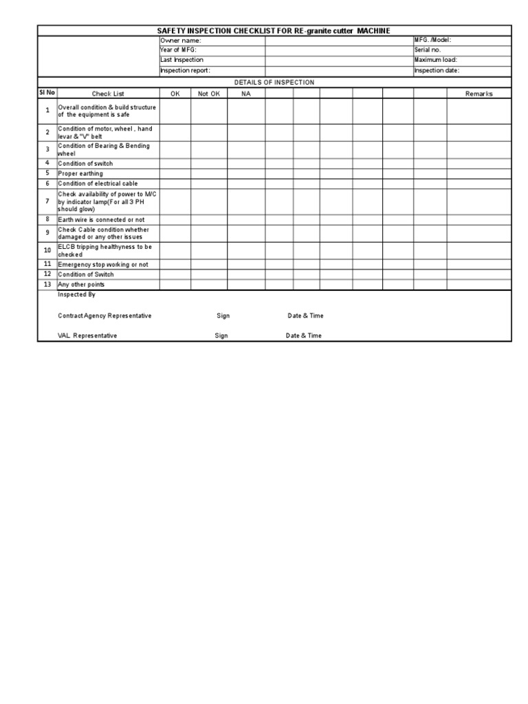 Construction Machinery ChecklistAll Machines Diesel Engine