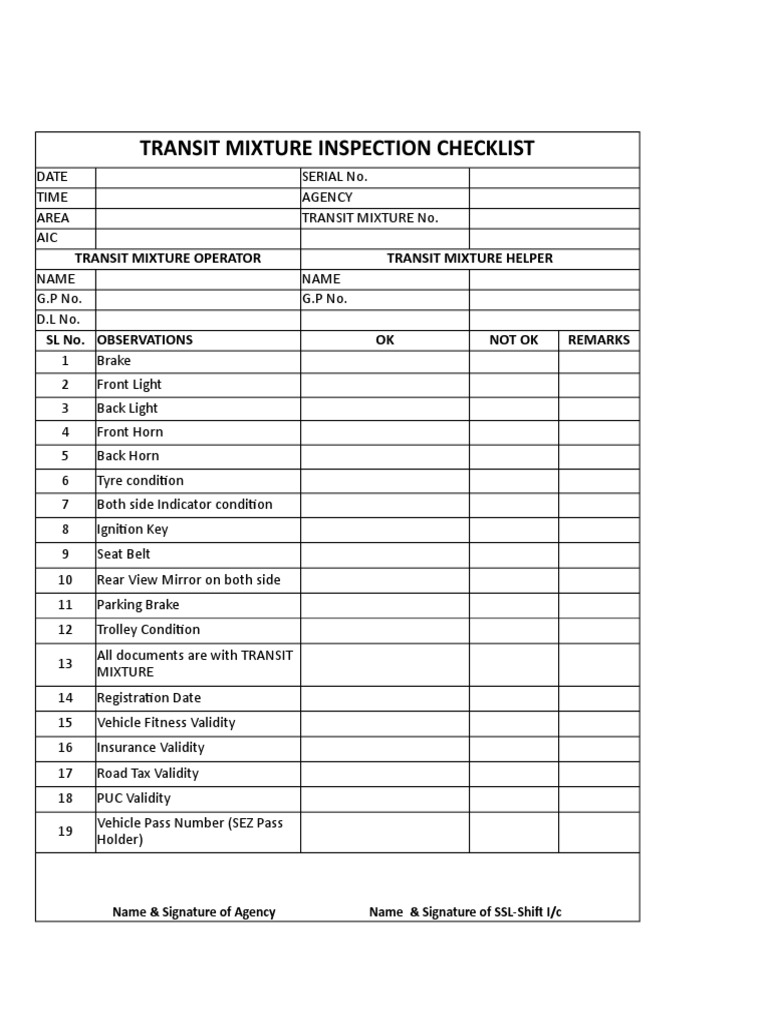 Transit Mixer Inspection Checklist | PDF