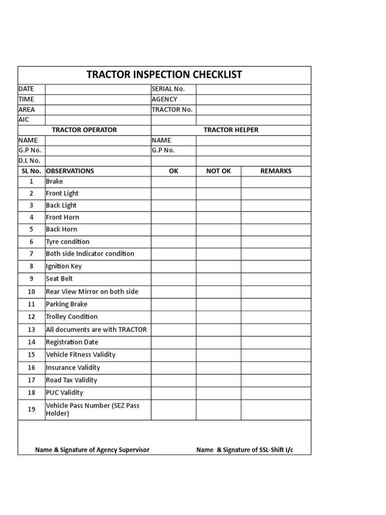 Tractor Inspection Checklist Form | PDF | Car Body Styles | Motor Vehicle