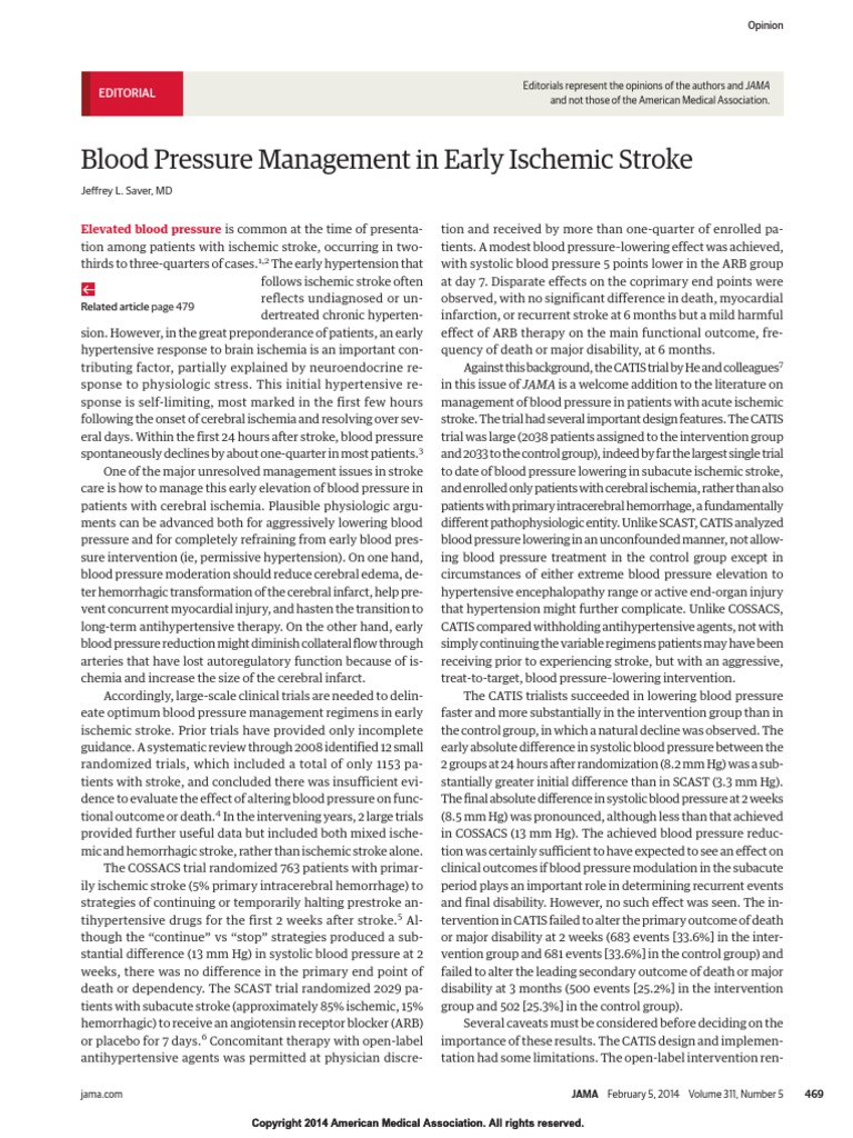 Blood Pressure Management in Early Ischemic Stroke: Editorial | PDF ...