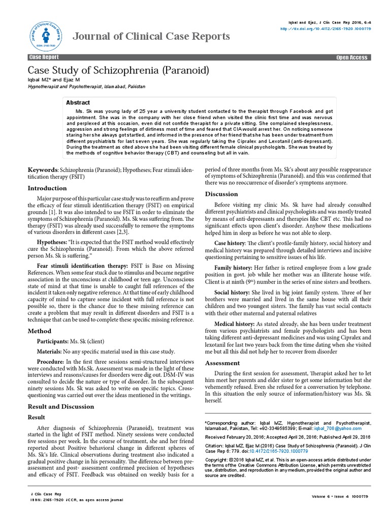 Case Study of Schizophrenia Paranoid 2165 7920 1000779 Cognitive