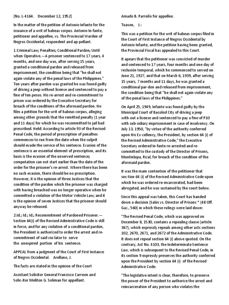 Habeas Corpus: Infante's Pardon Case | PDF | Pardon | Sentence (Law)