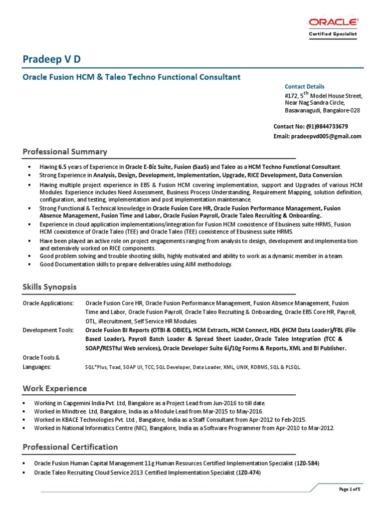 Oracle HCM & Taleo Consultant Profile | PDF | Oracle Database | Pl/Sql