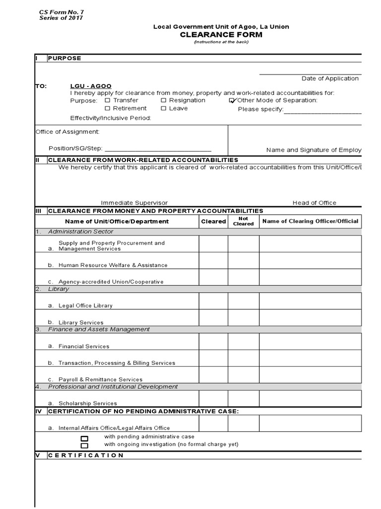 Cs form no 7 clearance blank form xlsx government politics