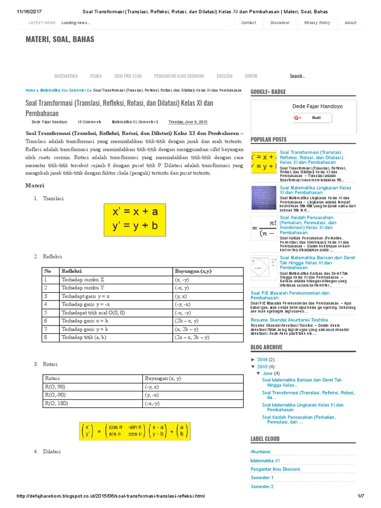 Soal Transformasi Translasi Refleksi Rotasi Dan Dilatasi Kelas Xi Dan Pembahasan Materi Soal Bahas