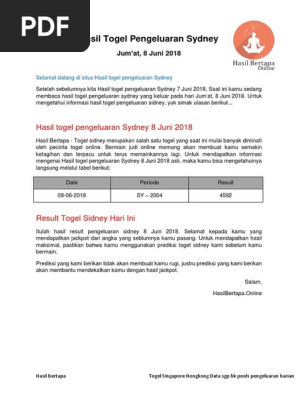 Hasil Togel Pengeluaran Sydney 8 Juni 2018 - Hasil Bertapa | Pdf