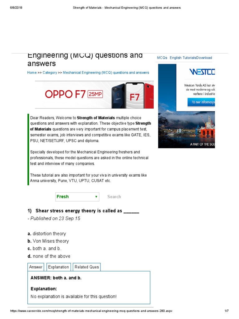 Strength of Materials Mechanical Engineering (MCQ) Questions and