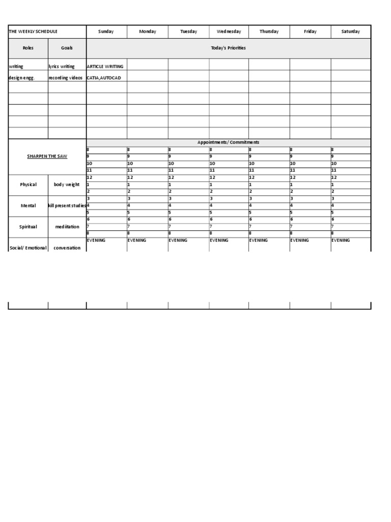 Seven Habits of Highly Effective People Weekly Schedule | Psychology ...