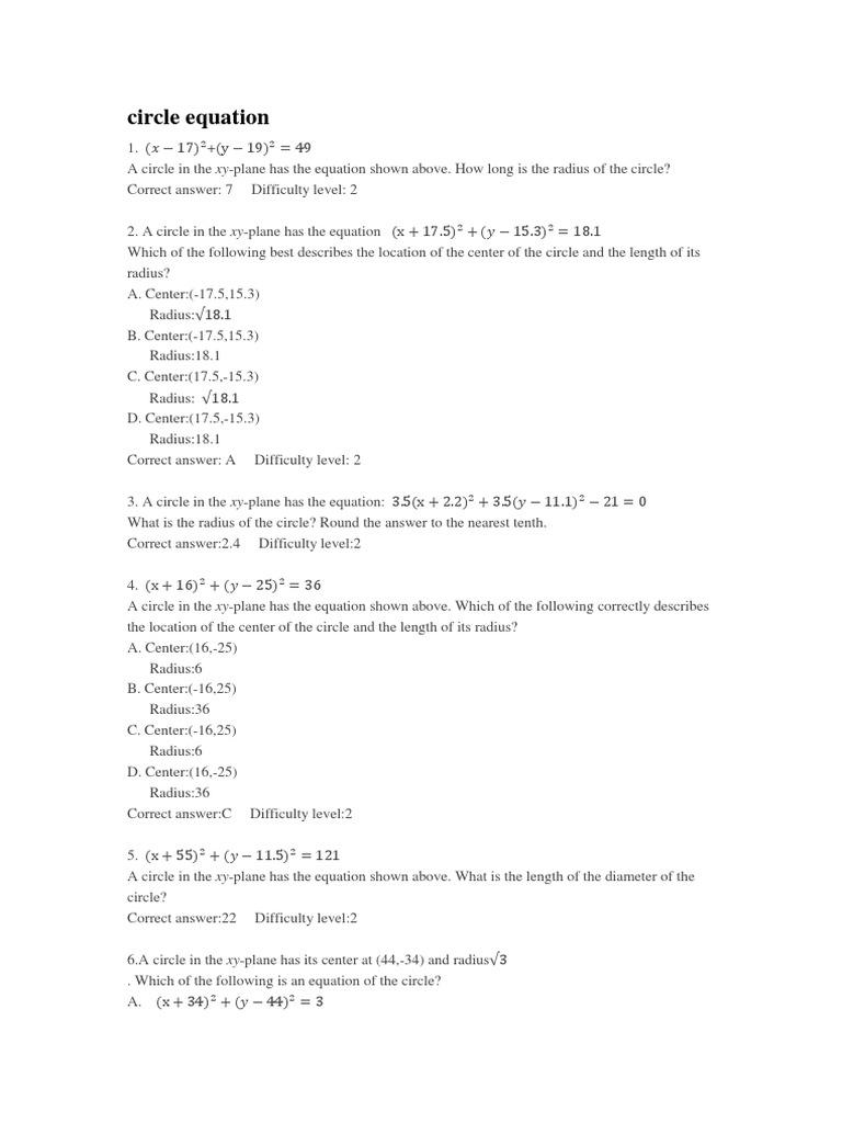 Circle Equation Diameter Circle