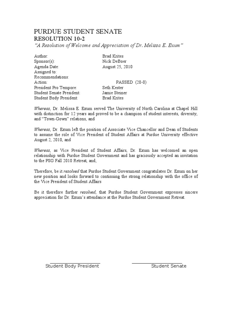Purdue Student Government: Resolution 10-2 Welcome VPSA Melissa Exum ...