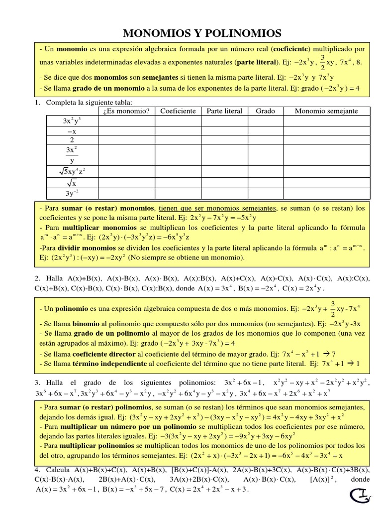 Monomios y Polinomios PDF | PDF | Conceptos matemáticos | Enseñanza de ...