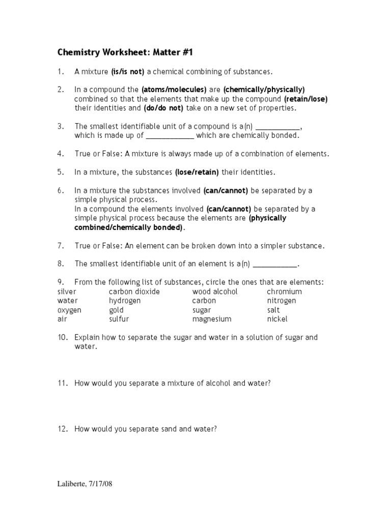 Matter Packet Pdf Chemical Substances Chemical Elements