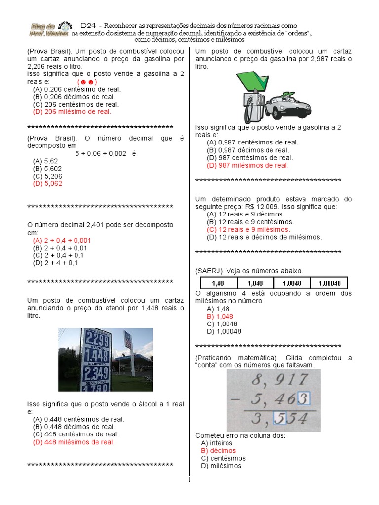 Compondo e decompondo números decimais. - Planos de Aula - 5º Ano