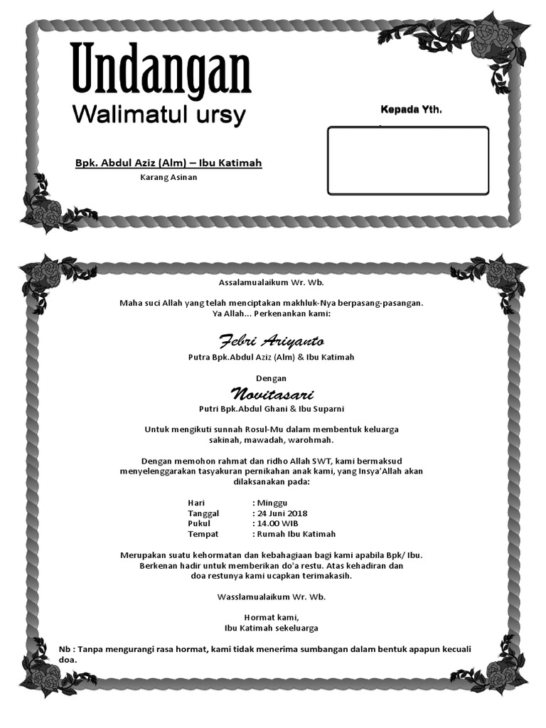 Contoh Undangan Tasyakuran Walimatul Ursy