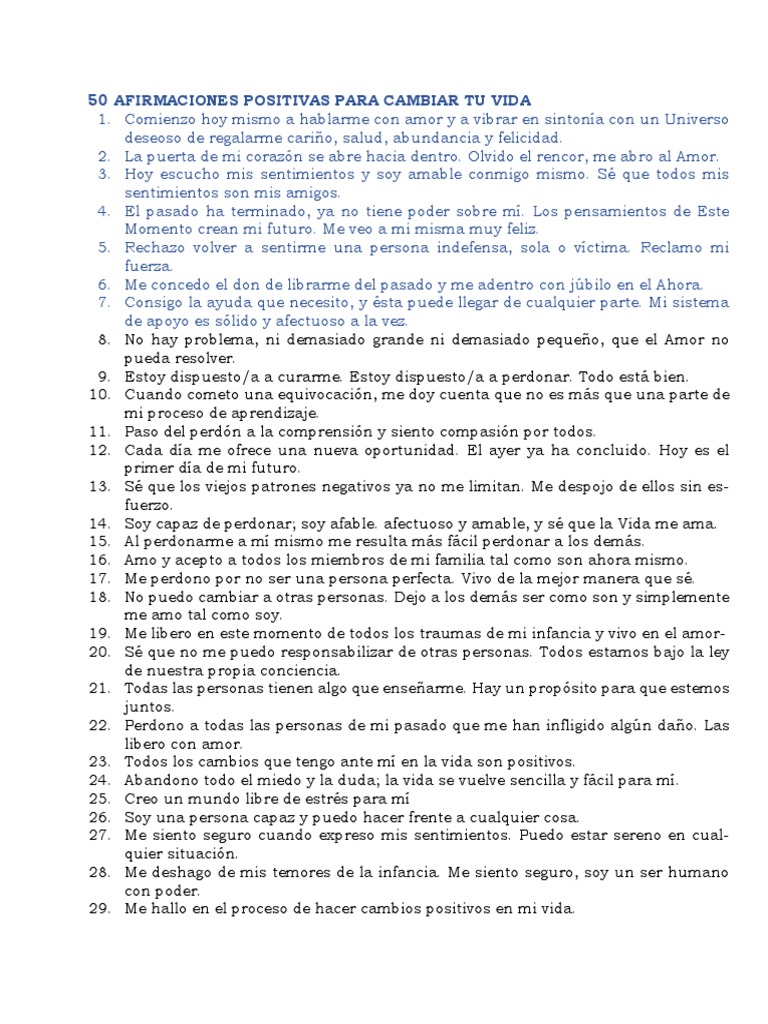 50 Afirmaciones Positivas para Cambiar Tu Vida | PDF | Trauma ...