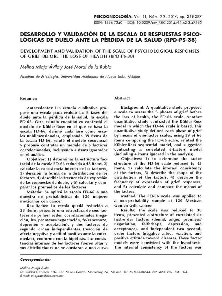 Escala RPD-PS-38: Duelo y Cáncer | PDF | Dolor | Depresión (estado de ...