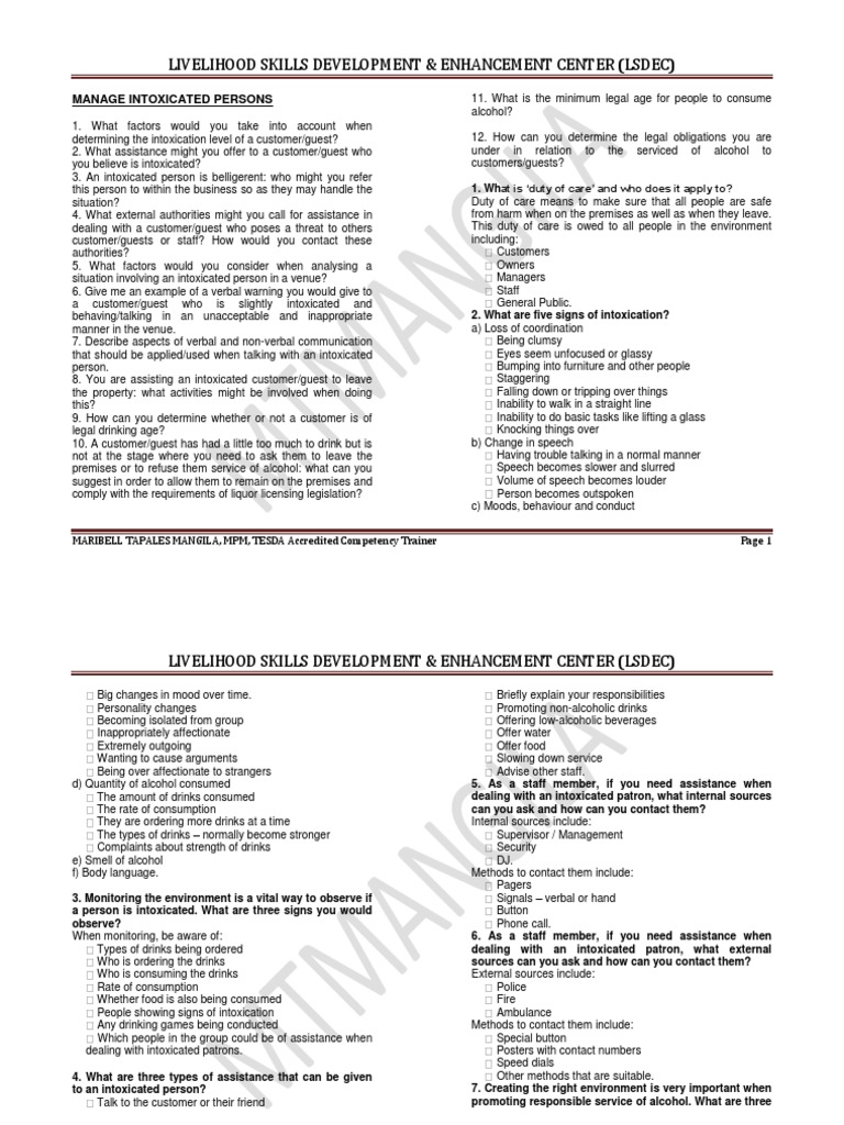 Manage Intoxicated Persons | PDF | Alcoholism | Alcohol And Health