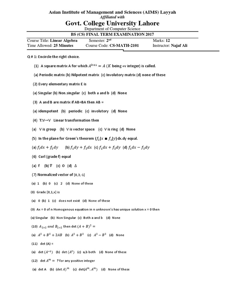 Linear Algebra Exam Questions on Matrices, Linear Transformations, and