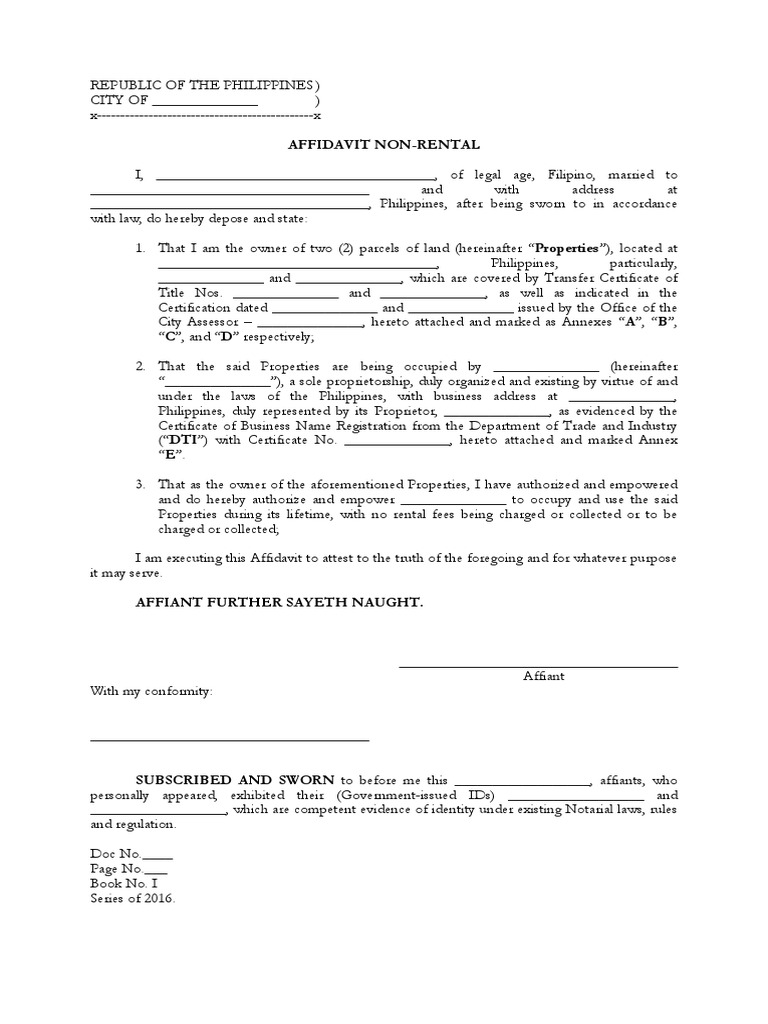 Affidavit of Non-Rental Agreement | PDF | Affidavit | Civil Law (Common ...
