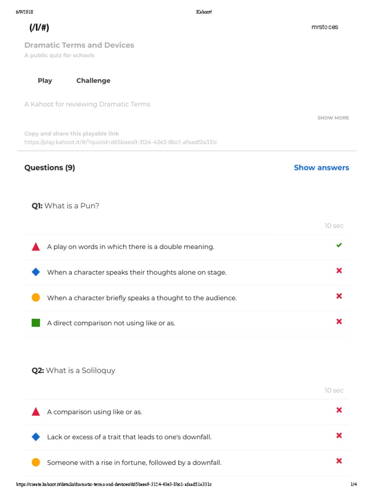 Dramatic Terms Shakespeare Kahoot PDF