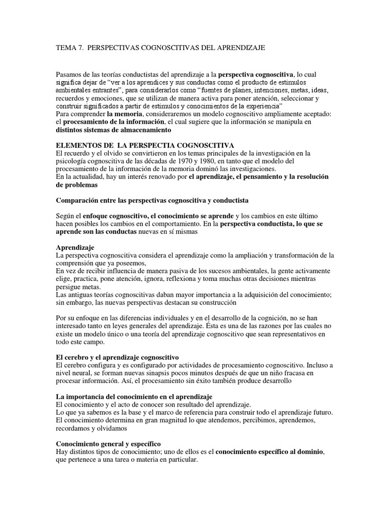 Perspectivas Cognitivas del Aprendizaje | PDF | Memoria | Percepción