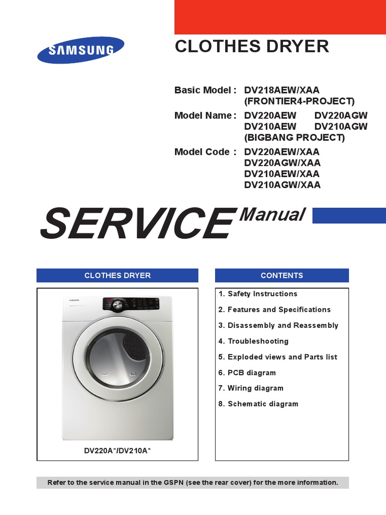 345245368-Samsung-Dryer-Service-Manual-DV210AGW-XAA.pdf | Clothes Dryer