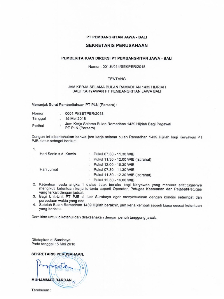 Surat Pemberitahuan Jam Kerja Ramadhan 1439 H