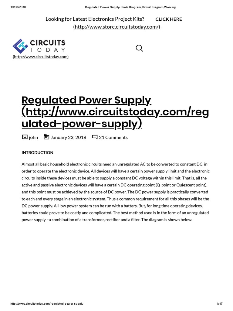 Regulated Power SupplyBlock Diagram, Circuit Diagram, Working PDF