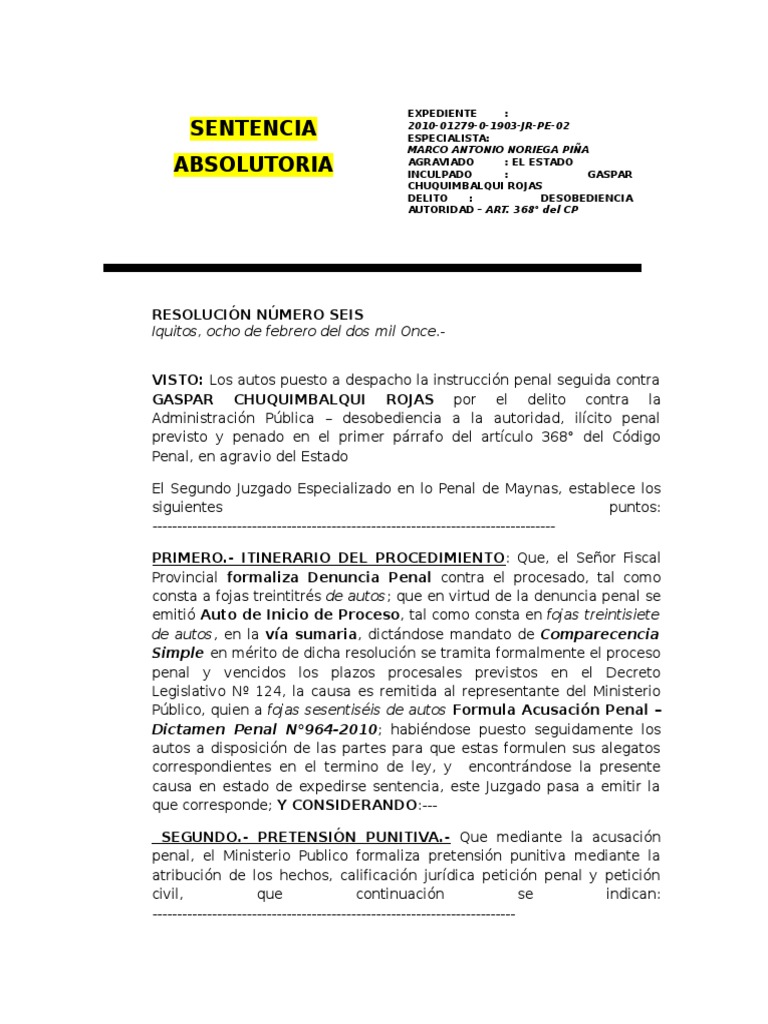 Sentencia Absolutoria-Desobediencia A La Autoridad | PDF | Derecho