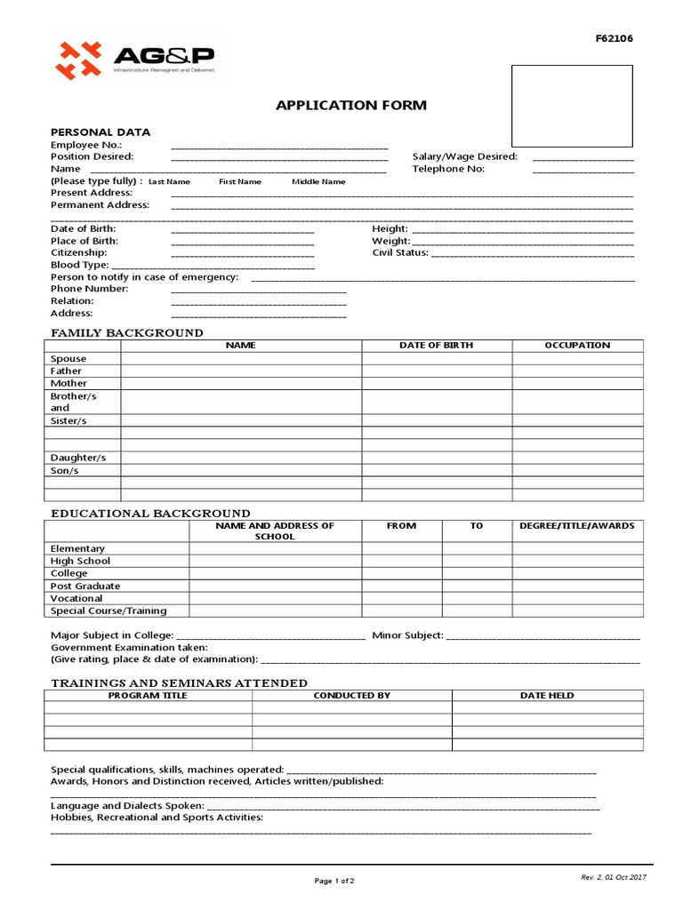 AG&P Recruitment Application Form | PDF | Employment | Salary