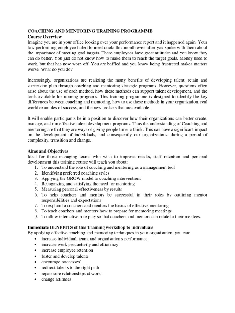 Coaching and Mentoring Training Program | PDF | Mentorship | Employee ...