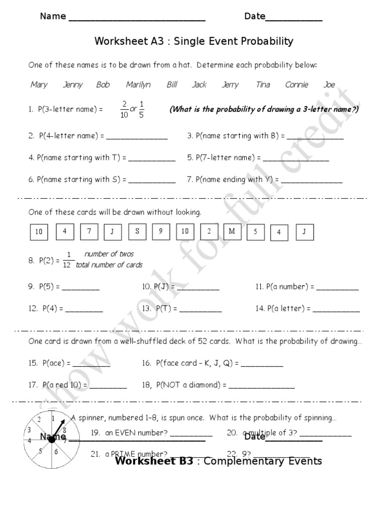 Worksheet Probability Odds Probability