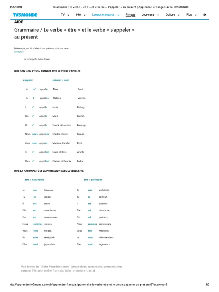 Grammaire - Le Verbe Être Et Le Verbe S'appeler Au Présent - Apprendre ...
