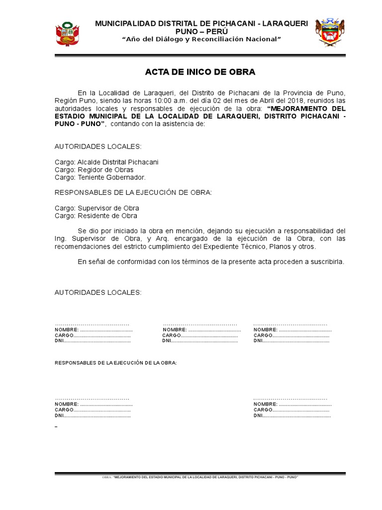 Acta de Inicio de Una Obra | PDF | Gobierno