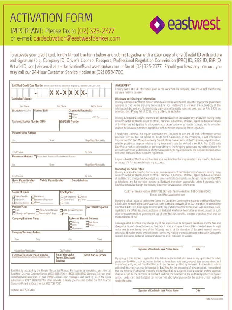 EastWest Activation Form Credit Card Identity Document