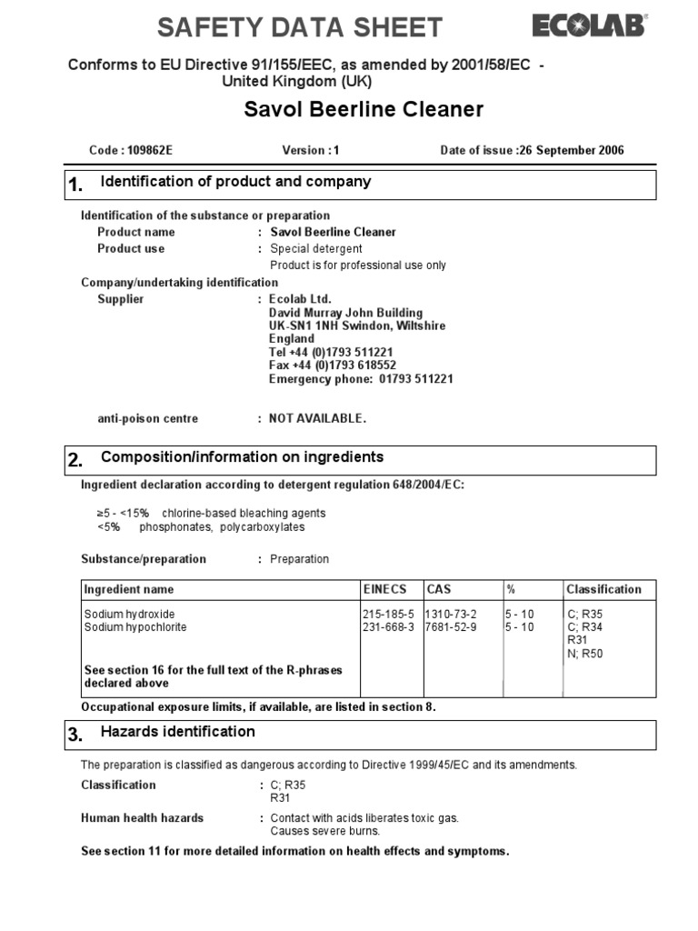 Savol Beerline Cleaner PDF Toxicity Sodium Hydroxide