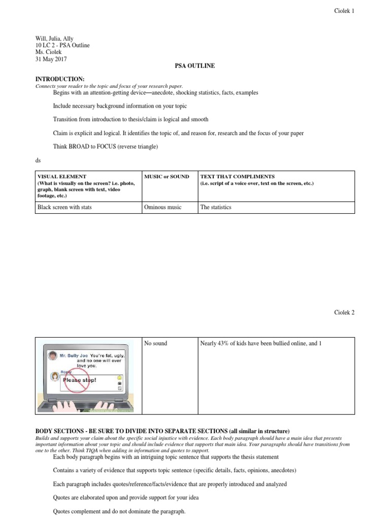 Psa Outline PDF Depression (Mood) Bullying